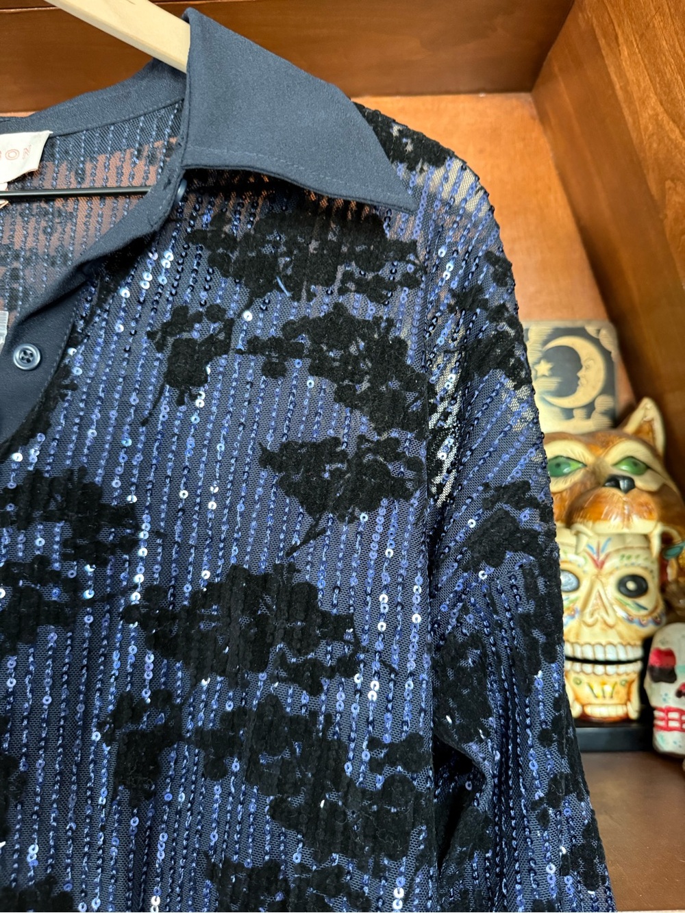 Ciebon - Sequin Floral Overlay Button Front Blouse - Navy - Women’s Medium